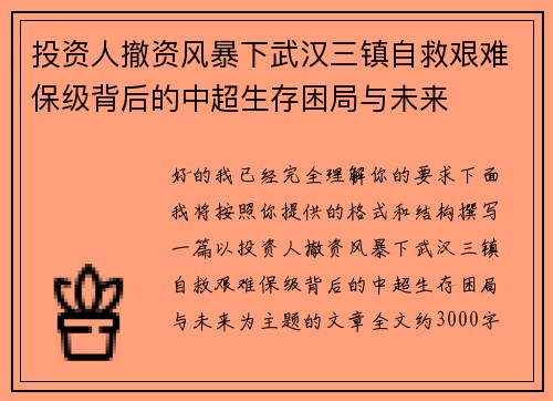 投资人撤资风暴下武汉三镇自救艰难保级背后的中超生存困局与未来